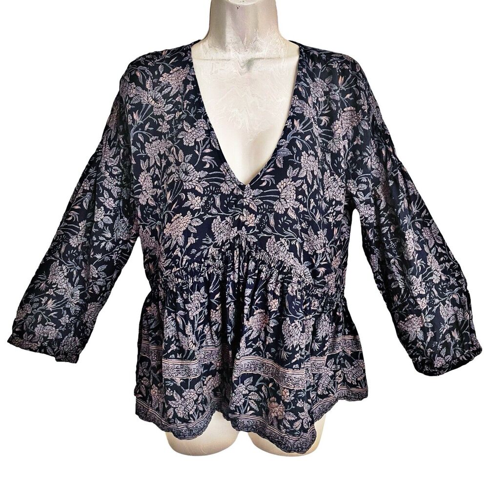 Lucky Brand Womens V-Neck‎ Batik Floral Peplum Top Sz Small Stretch Dark Navy